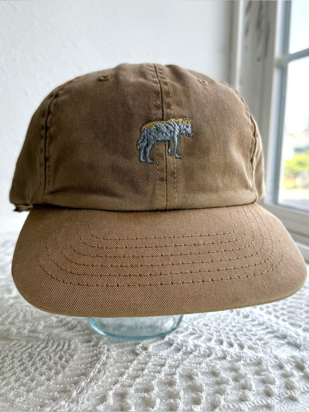Filson Washed Low Profile Wolf Embroidered Dad Hat Brown Leather Strap